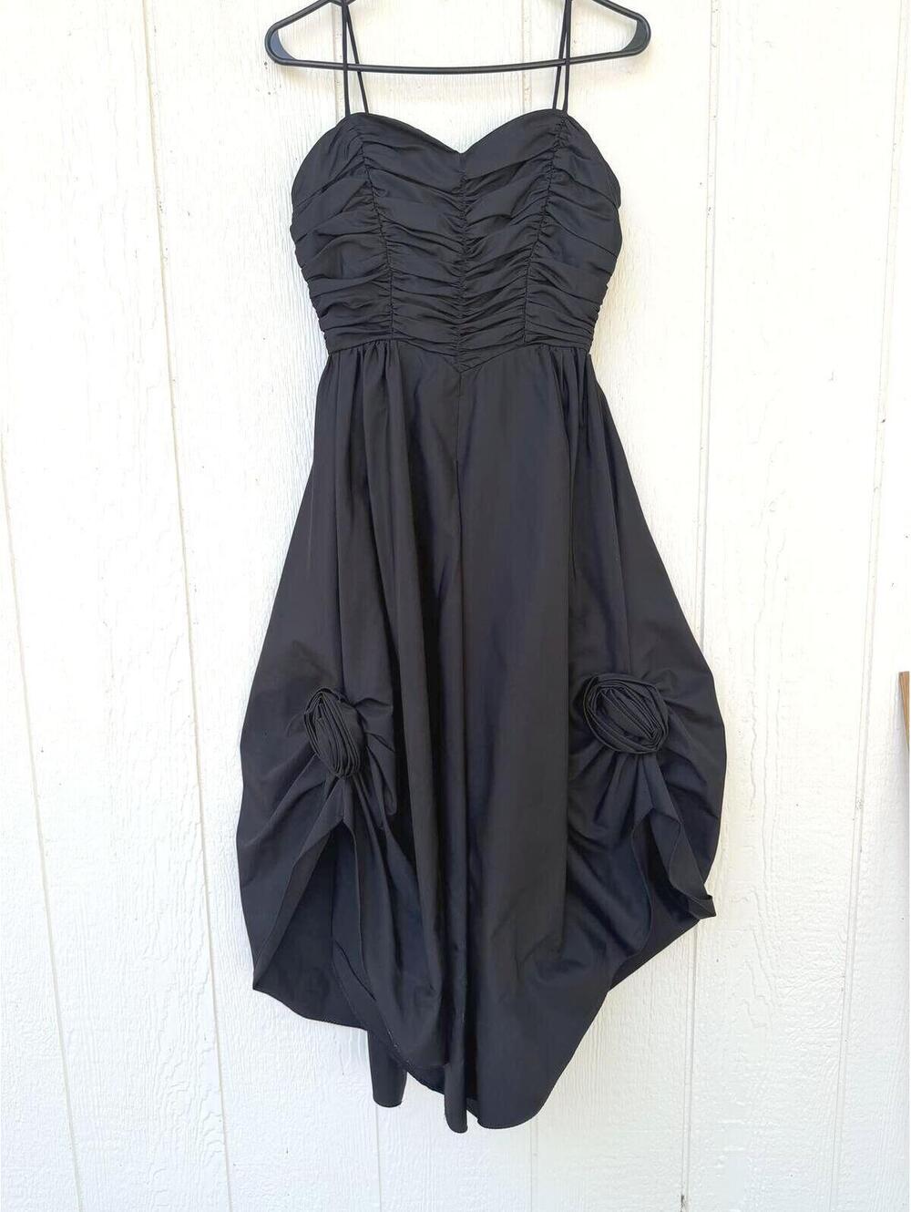 Vintage 1950s Black Ruched Strap Dress with Balloon Hem
